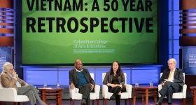 Conference panelists included (from left) former Washington Post correspondents Peter Osnos and Keith Richburg, Columbia University historian Lien-Hang Nguyen and former U.S. Ambassador to Vietnam Raymond Burghardt. 