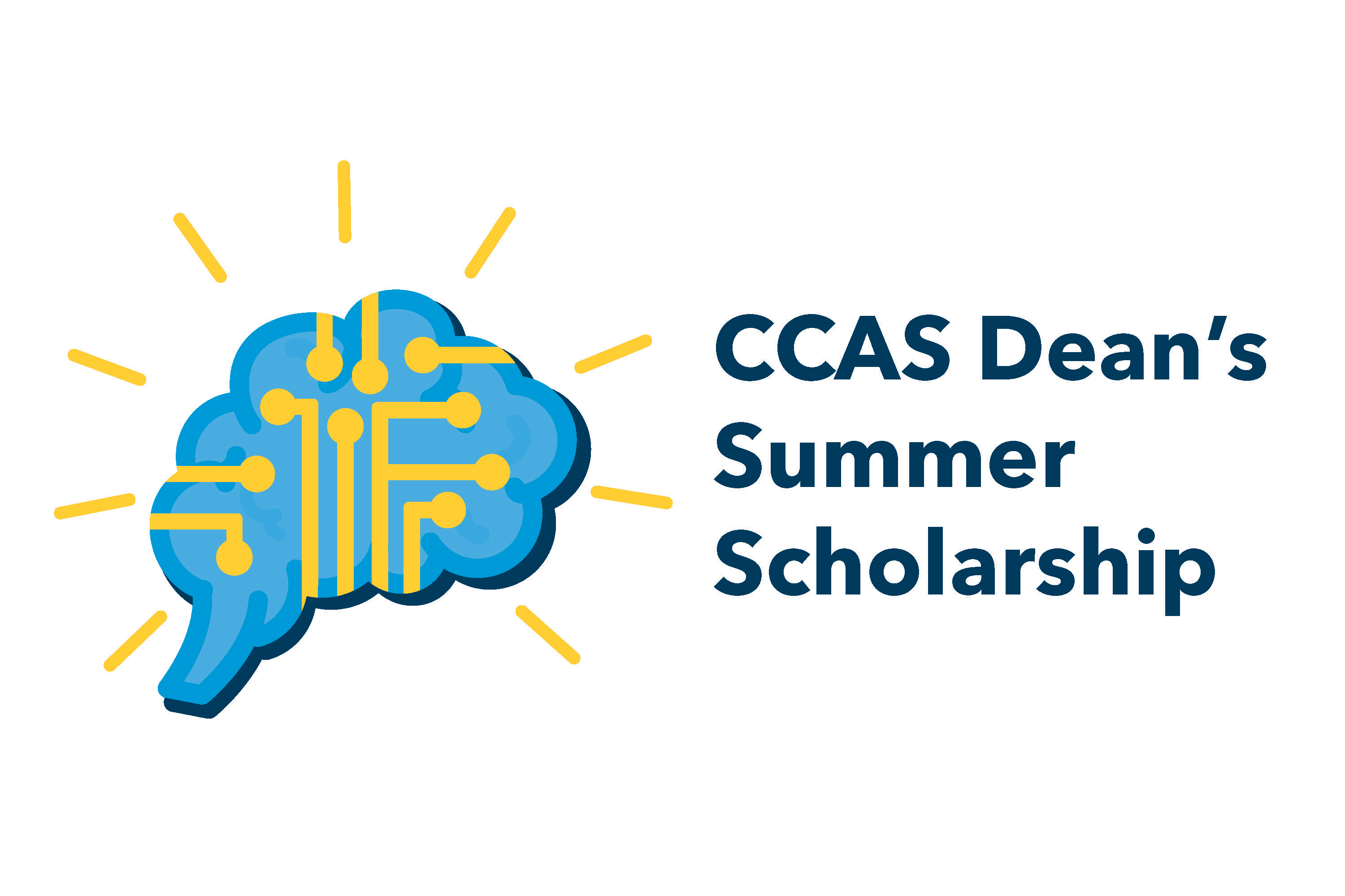 CCAS Dean's Summer Scholarship with an illustration of a blue brain surrounded by yellow markings indicating circuitry
