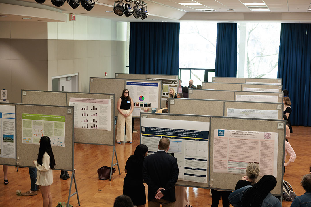Undergraduate and graduate students displayed poster presentations of their scholarly work at the annual CCAS Research Showcase. (Photos: William Atkins/GW Today)