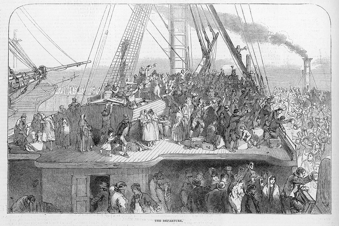An 1850 illustration depicts Irish immigrants sailing to the US on an overcrowded ship during the potato famine.