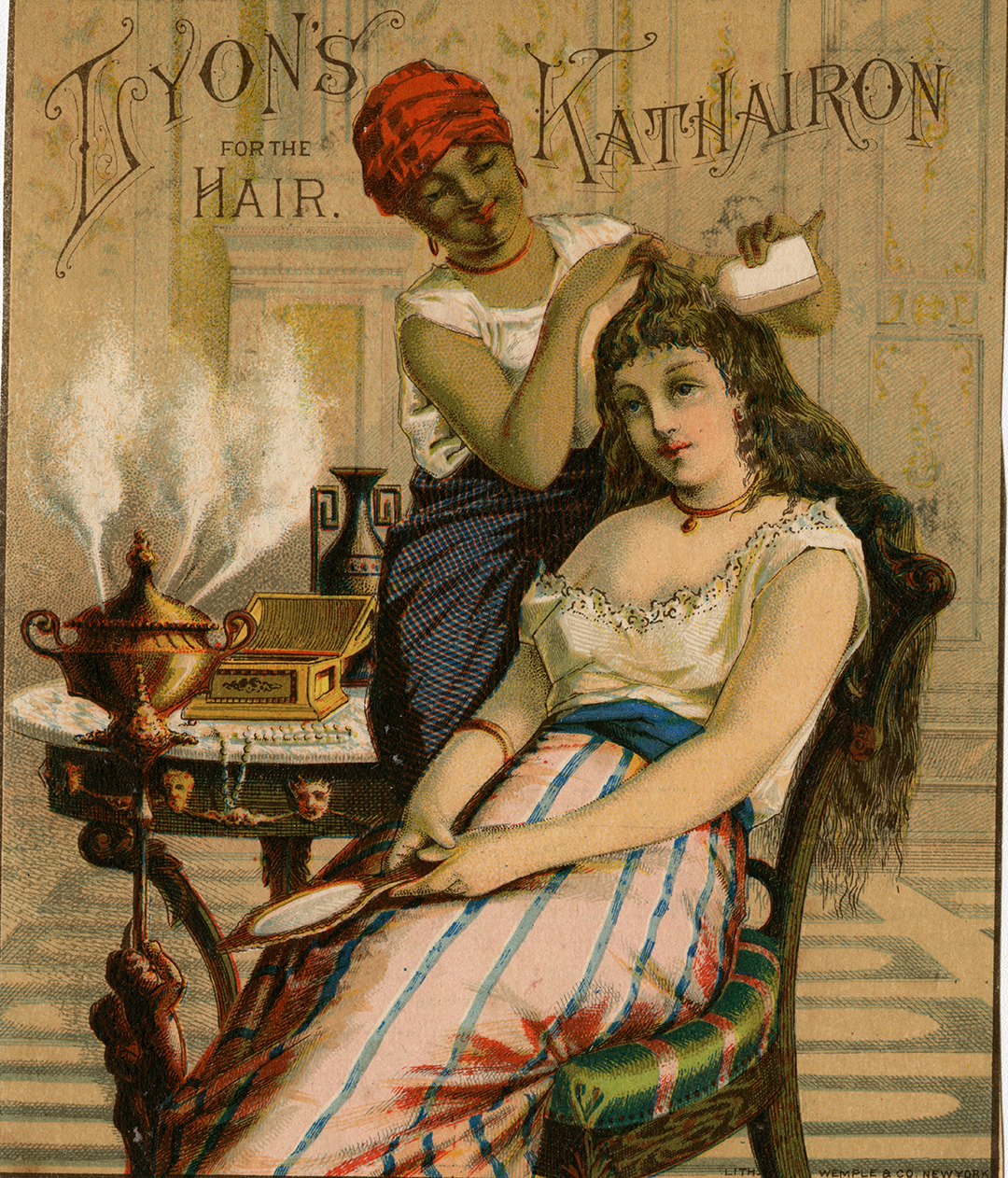 This 1870s hair care advertisement shows a Black woman wearing a red hair wrap styling the hair of a white woman sitting in a chair