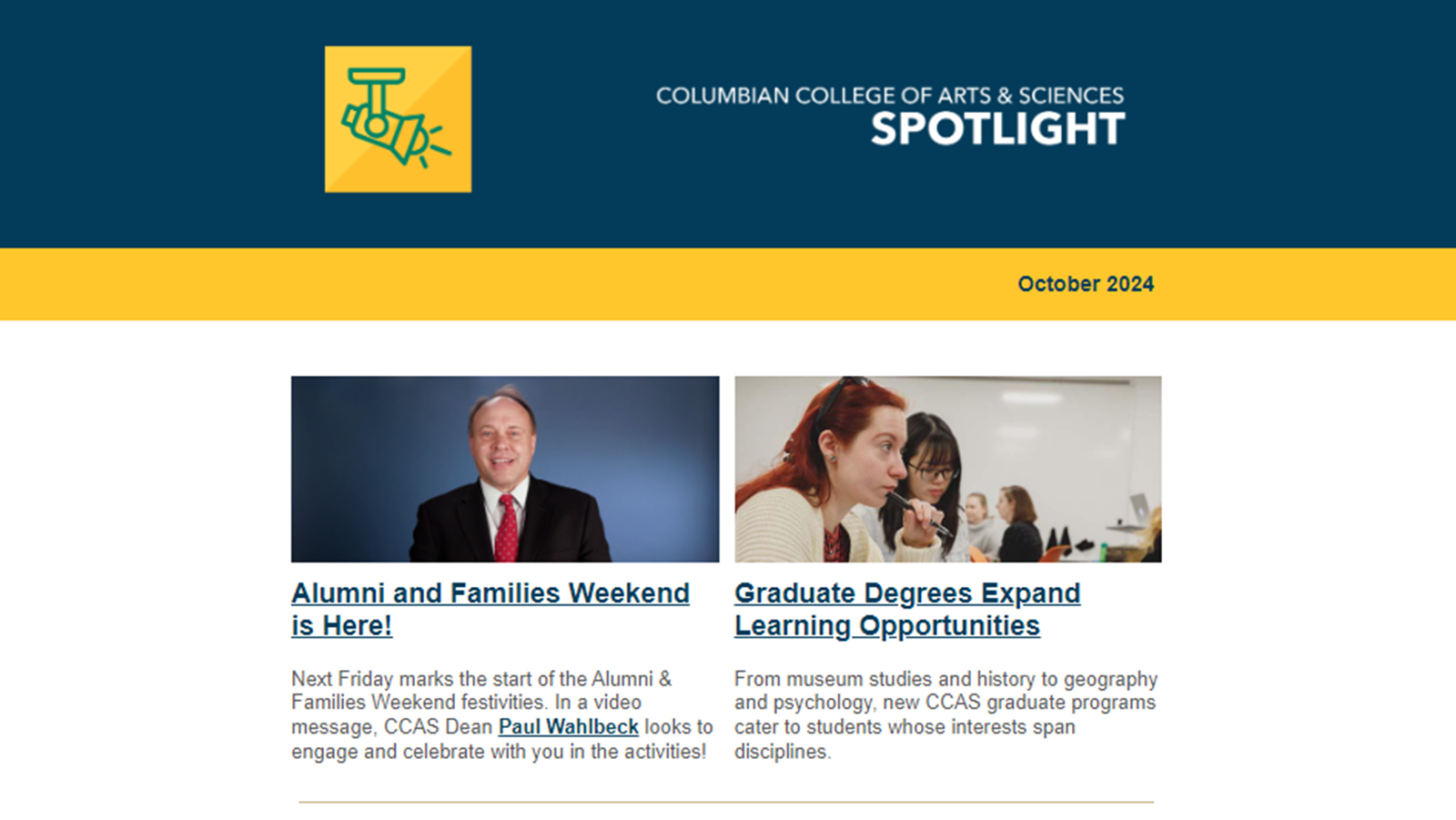 CCAS Spotlight emagazine, issue from October 2024, with thumbnails of Dean Paul Wahlbeck and a group of students in a classroom