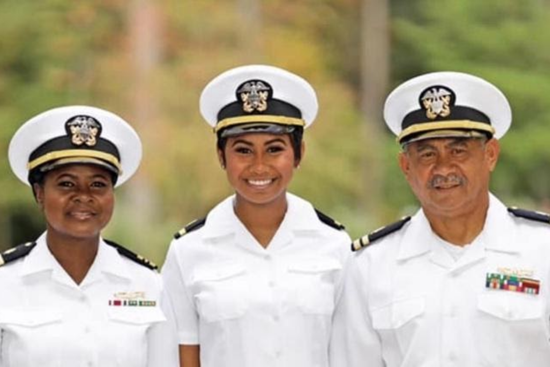 Medina (middle) was sworn in as a Navy ensign in 2019 with her parents Carolyn (left) and Andres Medina (right), both retired Navy officers, administering her oath of office
