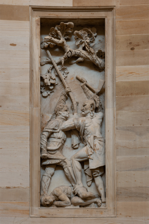 The 1820s sandstone relief “Daniel Boone and the Indians,” located in the U.S. Capitol Rotunda, presents a problematic representation of “savage” Native Americans versus “heroic” European colonizer. 