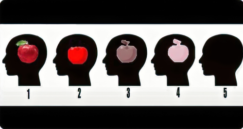 five silhouettes of a person's head, each with a different object displayed in the brain area: a 3-d apple, a red apple, a purple apple, and pink apple, and no image