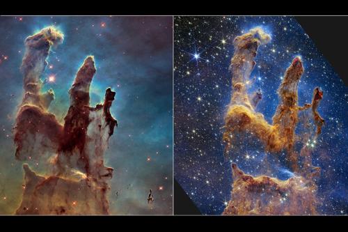 The Hubble image (left) of the Pillars of Creation, a region of space where new stars are formed, is obscured by gas and dust. The Webb image (right) provides more clarity. (Photo courtesy NASA)