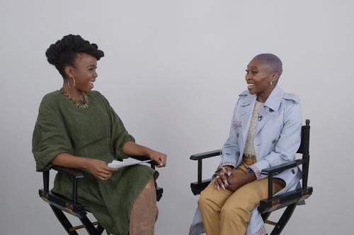 Essamuah interviewing Academy Award-nominated actress Cynthia Erivo (right).