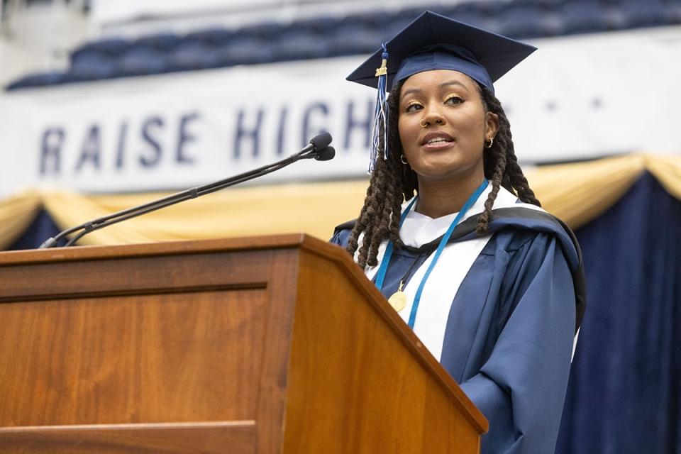 Distinguished Scholar Maya Thompson speaking at the 2022 CCAS Master's Celebration.