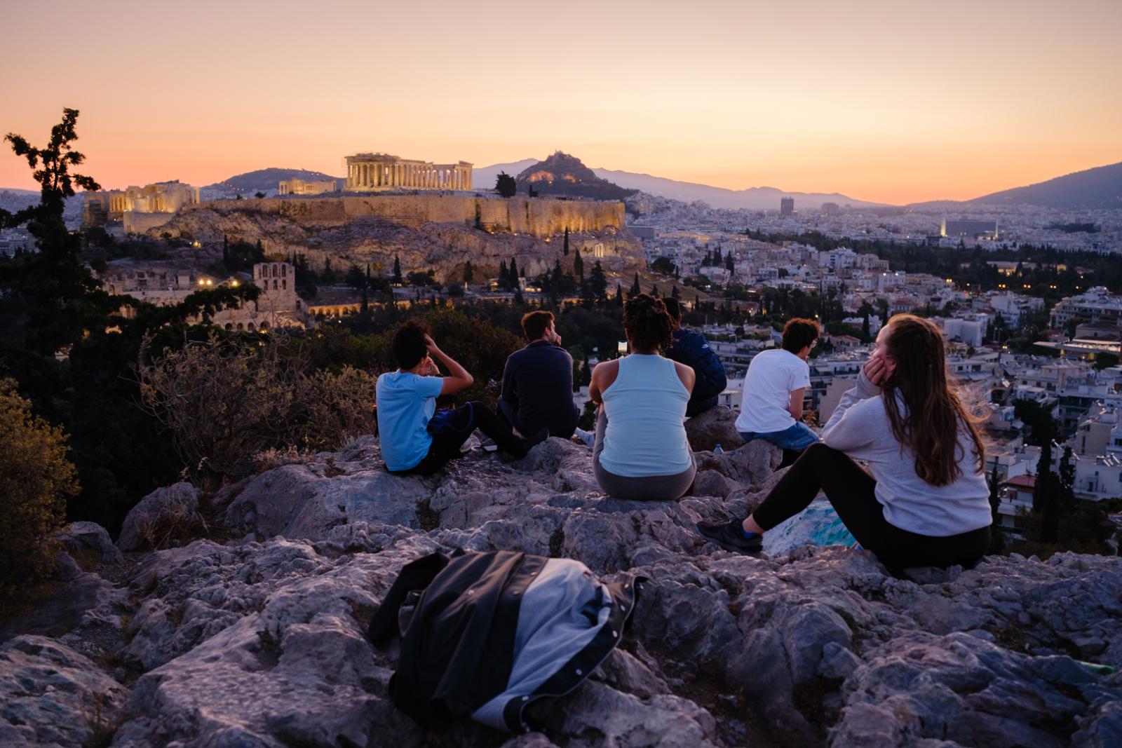 Students watching sunrise at the Hill of Muses in Greece, Summer 2022
