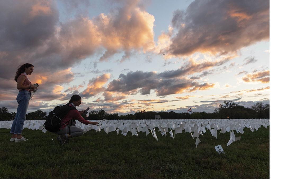 Two people silhouetted against a sunset planting white flags