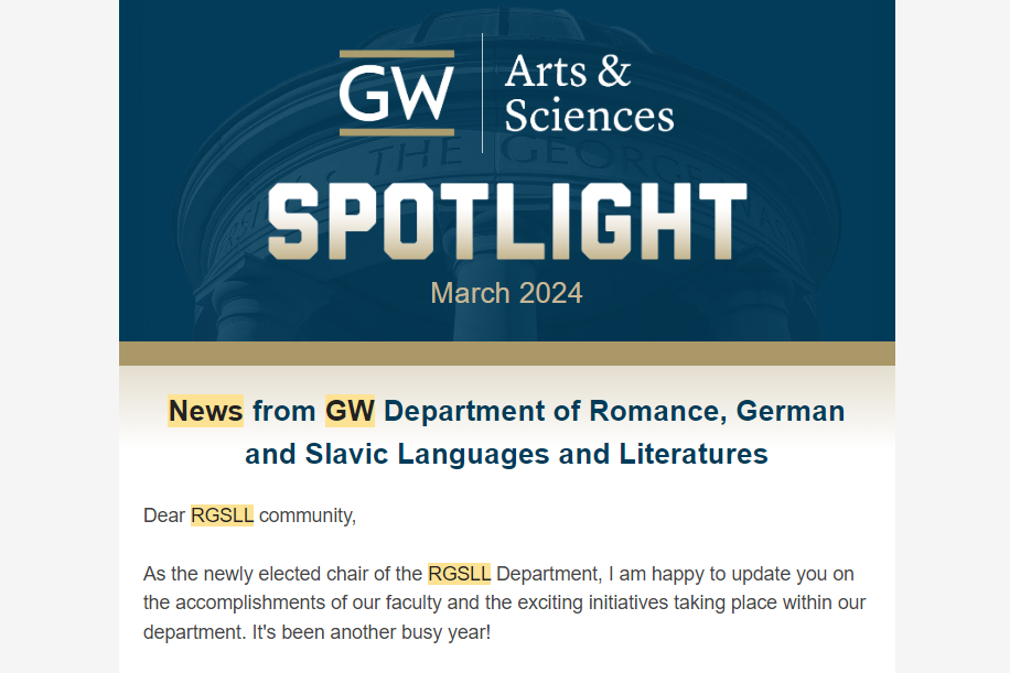 GW Arts and Sciences Spotlight: alumni newsletter screenshot with blue header and text