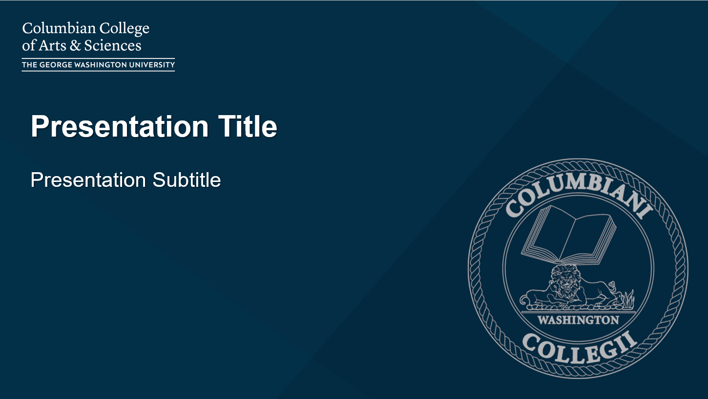 Powerpoint slide with the Columbiani Colegii seal and GW logo and "Presentation title"