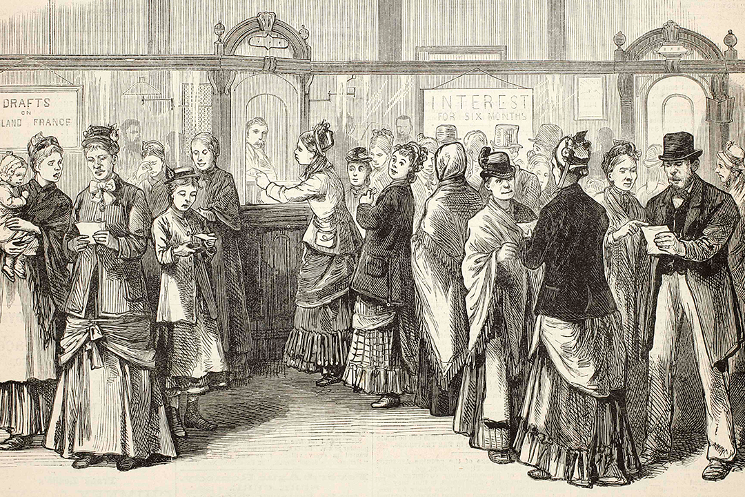 In illustration from Anbinder’s book, customers of the Emigrant Savings Bank send money to their families in 1880.