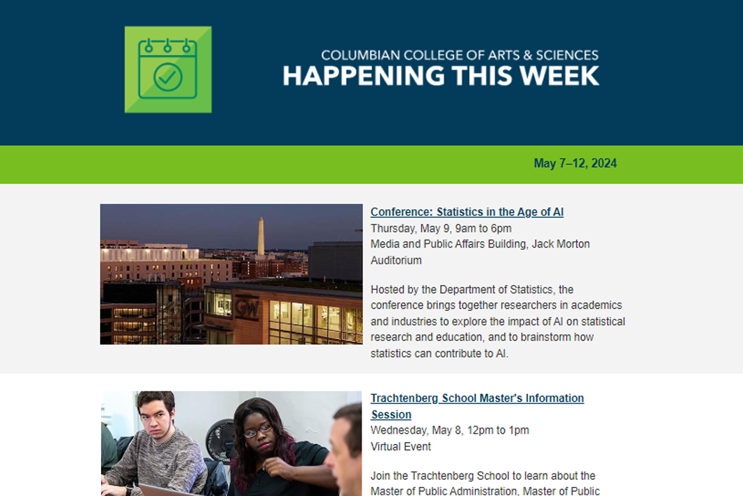 Happening This Week, ccas newsletter screenshot with images and text for two upcoming events