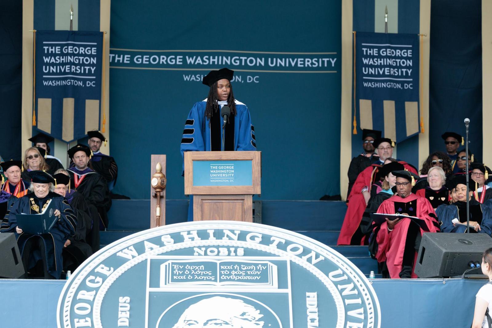Jonquel Jones on stage at commencement