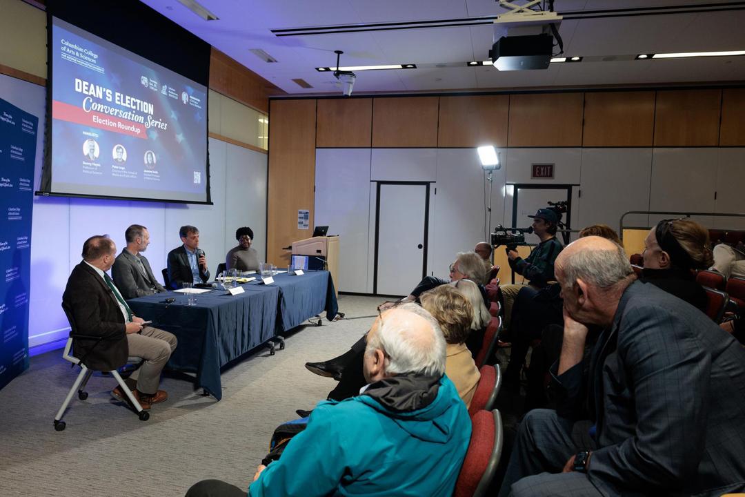 Dean Paul Wahlbeck and a panelist speaking at the 2024 Dean's Election Conversation Series