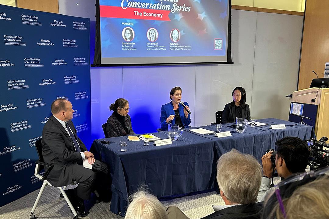 Dean Paul Wahlbeck and a panelist speaking at the 2024 Dean's Election Conversation Series