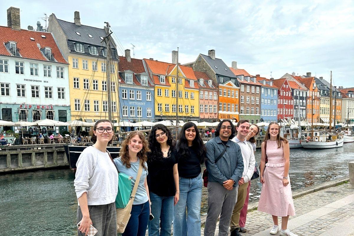 Students along canal boardwalk