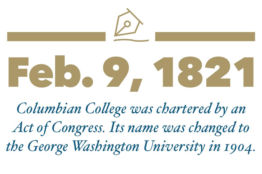 Feb 9. 1821, Columbian College was chartered by an Act of Congress