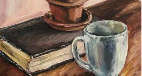 Painting of a mug, a plant and a book