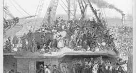 An 1850 illustration depicts Irish immigrants sailing to the US on an overcrowded ship during the potato famine.